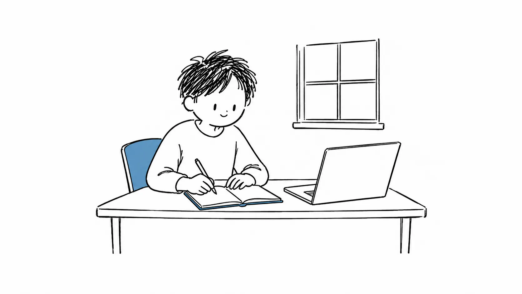 青い椅子に座り、ノートとパソコンでブログを書き始める人の黒ペン風イラスト