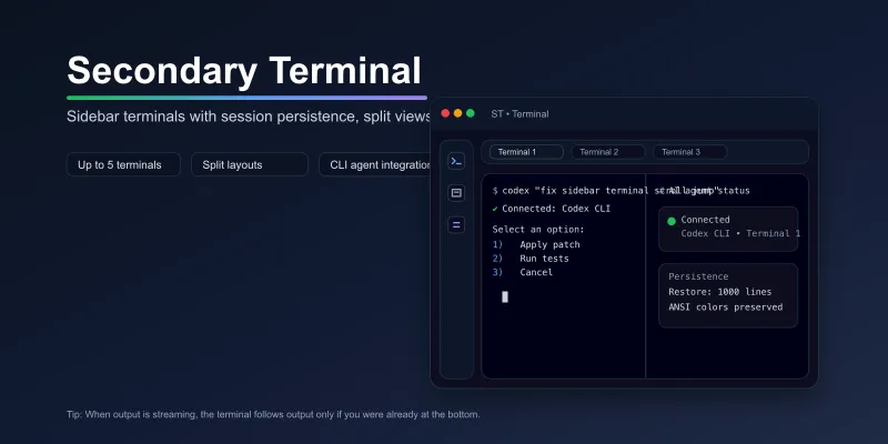 サイドバーのターミナルで Codex CLI を動かし、接続状態とセッション保存を表示する Secondary Terminal の掲載用画像
